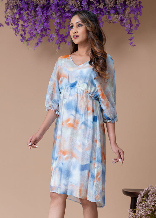 Printed dolman sleeve dress with elasticated waist