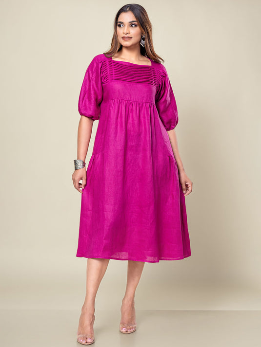 Pintuck Detailed Linen Dress With Side Panels