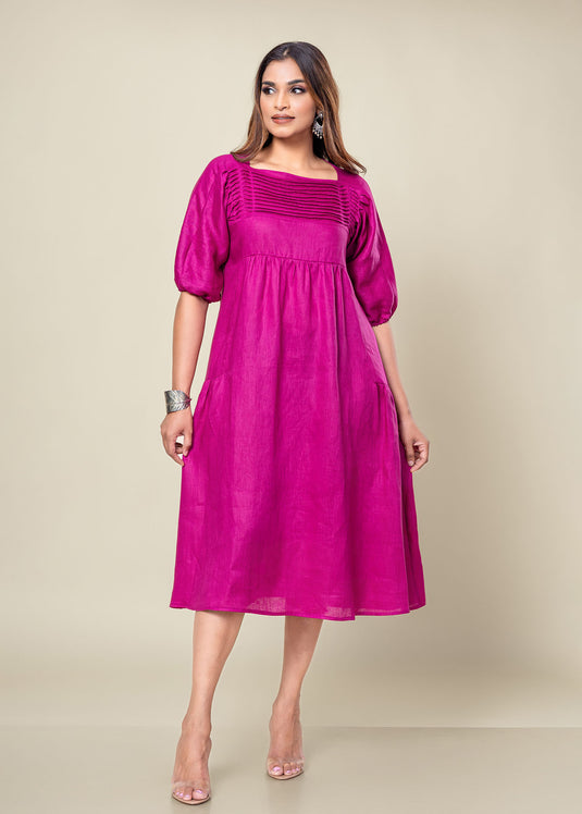 Pintuck Detailed Linen Dress With Side Panels