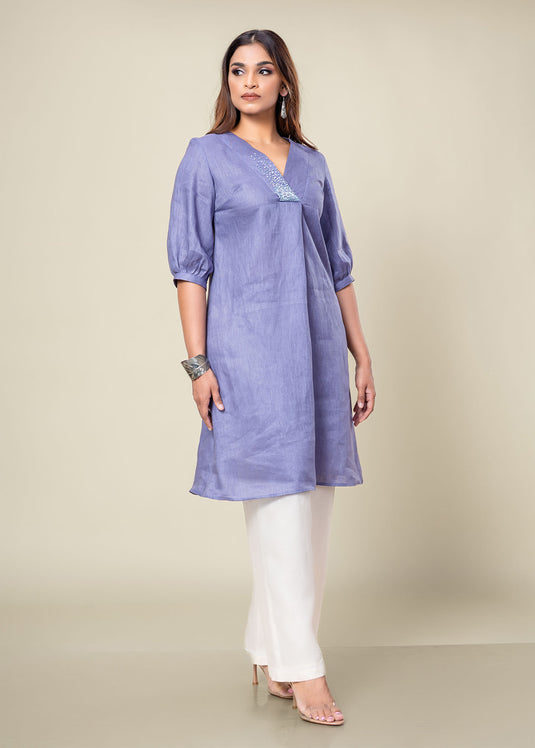 Hand Embroidered V Neck Linen Kurtha Top