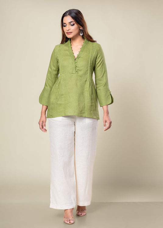 Linen Blouse With Pintuck And Bead Detailing