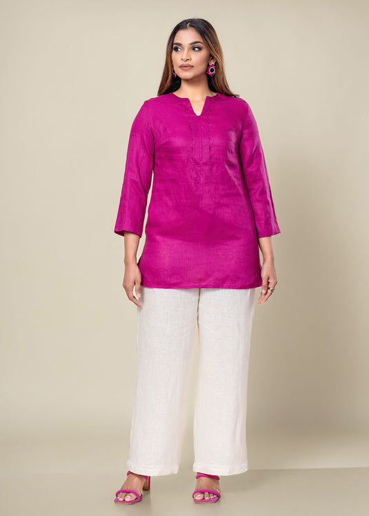 Beaded Linen Blouse With Three Quarter Sleeves
