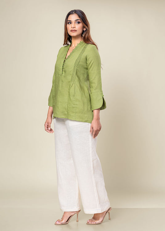 Linen Blouse With Pintuck And Bead Detailing