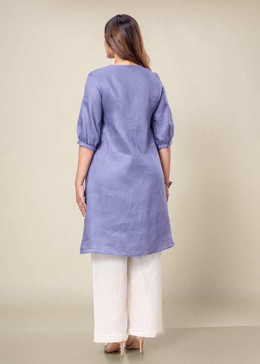 Hand Embroidered V Neck Linen Kurtha Top
