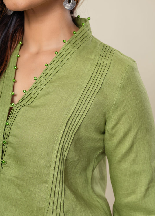 Linen Blouse With Pintuck And Bead Detailing