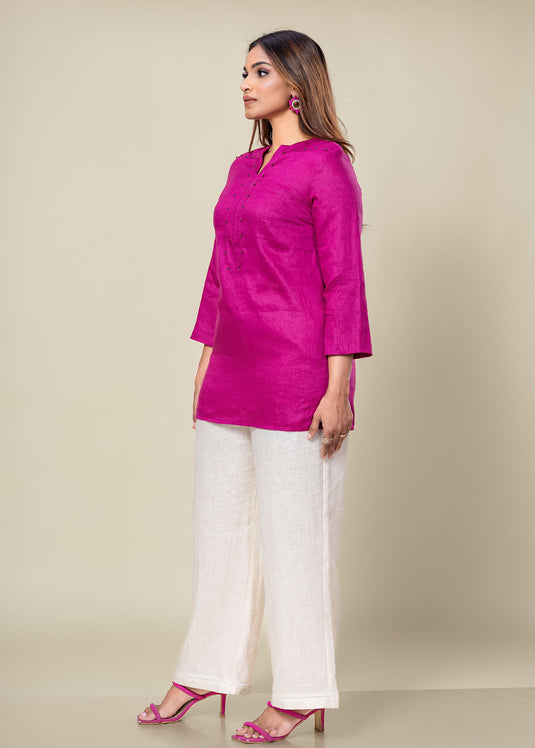 Beaded Linen Blouse With Three Quarter Sleeves