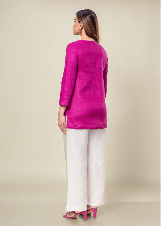 Beaded Linen Blouse With Three Quarter Sleeves