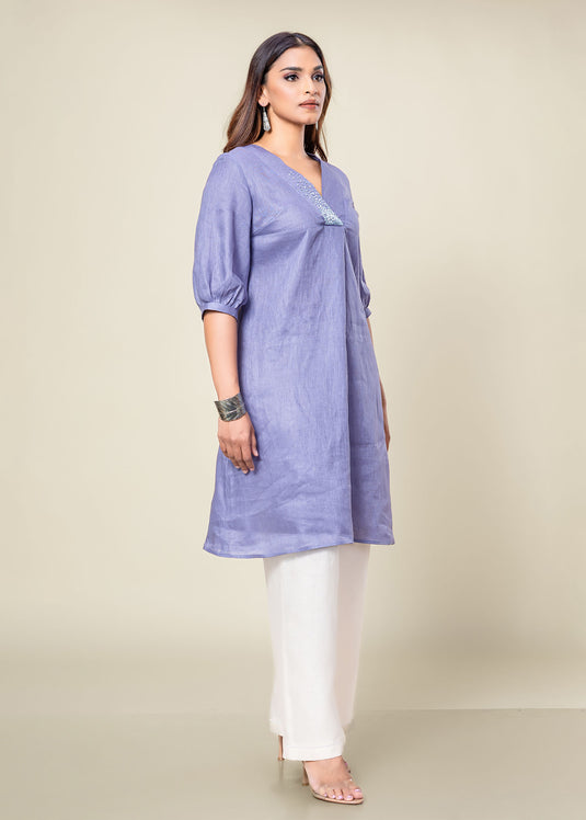 Hand Embroidered V Neck Linen Kurtha Top