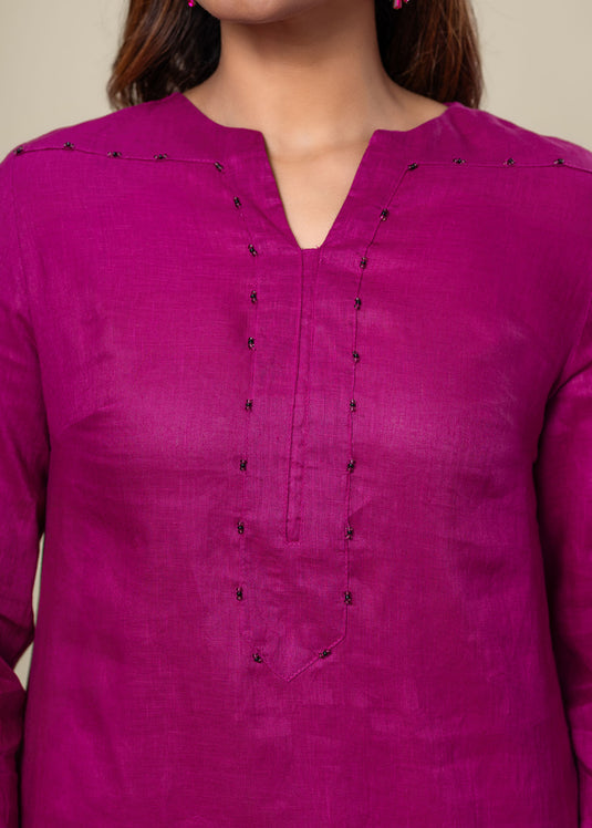 Beaded Linen Blouse With Three Quarter Sleeves