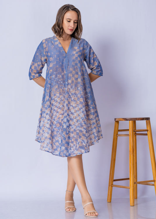 V - Neck Bottom Flare Batik Dress