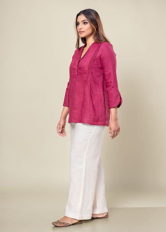 Linen Blouse With Pintuck And Bead Detailing