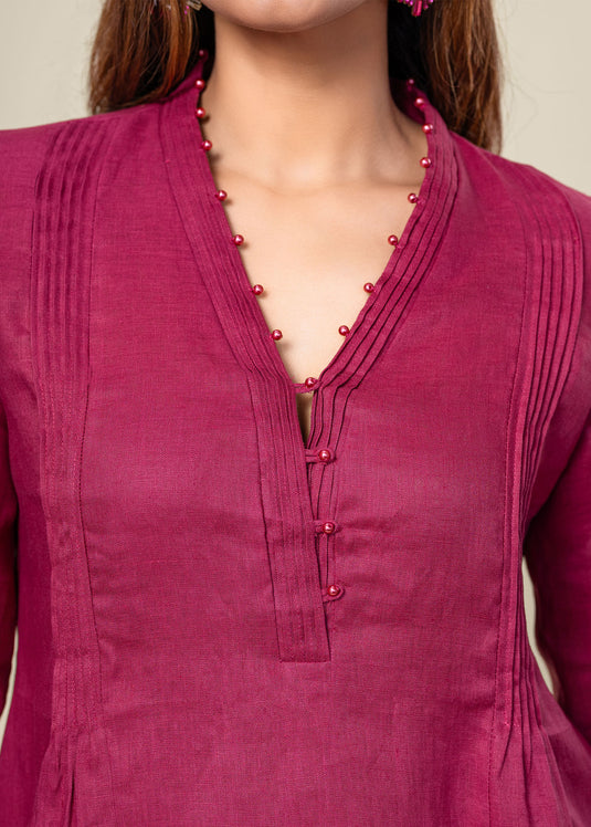 Linen Blouse With Pintuck And Bead Detailing