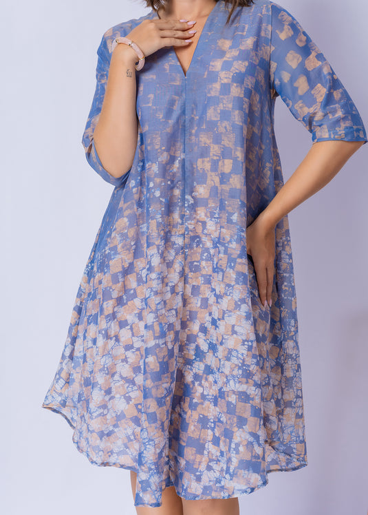 V - Neck Bottom Flare Batik Dress