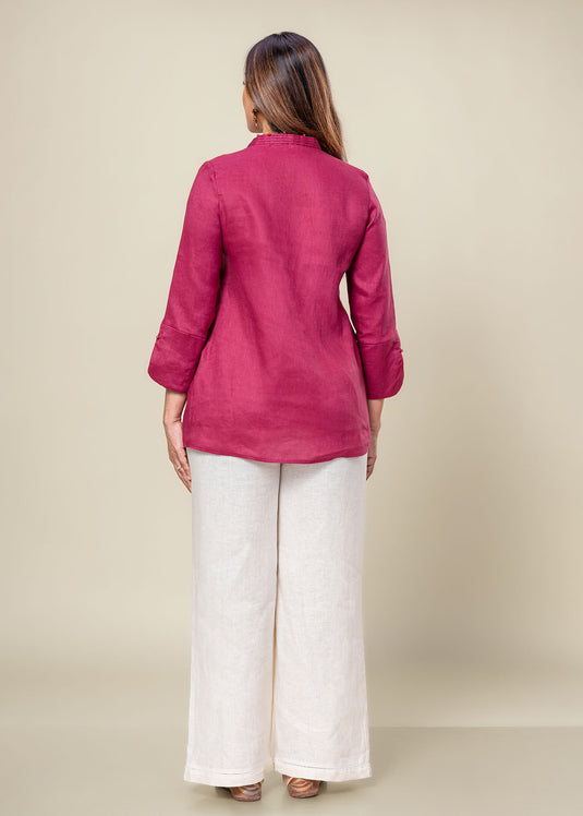 Linen Blouse With Pintuck And Bead Detailing