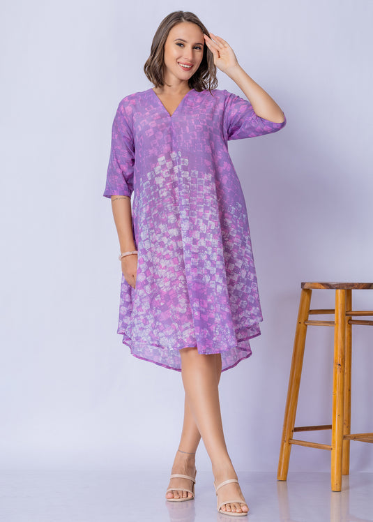 V - Neck Bottom Flare Batik Dress