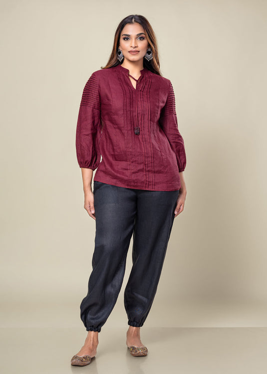 Pintuck Detailed Linen Blouse With Beaded Tassel