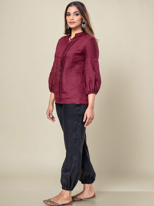 Pintuck Detailed Linen Blouse With Beaded Tassel