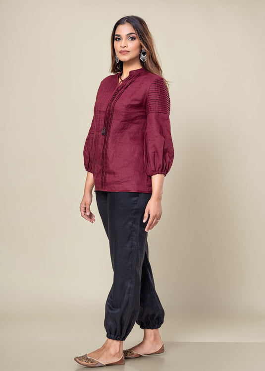 Pintuck Detailed Linen Blouse With Beaded Tassel