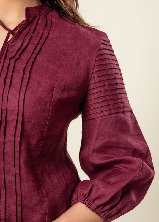 Pintuck Detailed Linen Blouse With Beaded Tassel