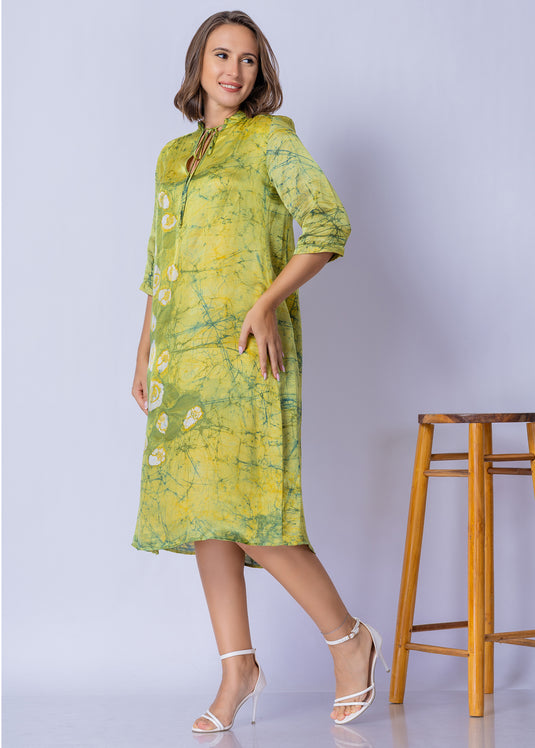 Tie - Front Keyhole V Neckline Batik Straight Dress