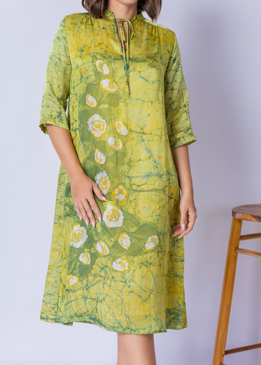 Tie - Front Keyhole V Neckline Batik Straight Dress