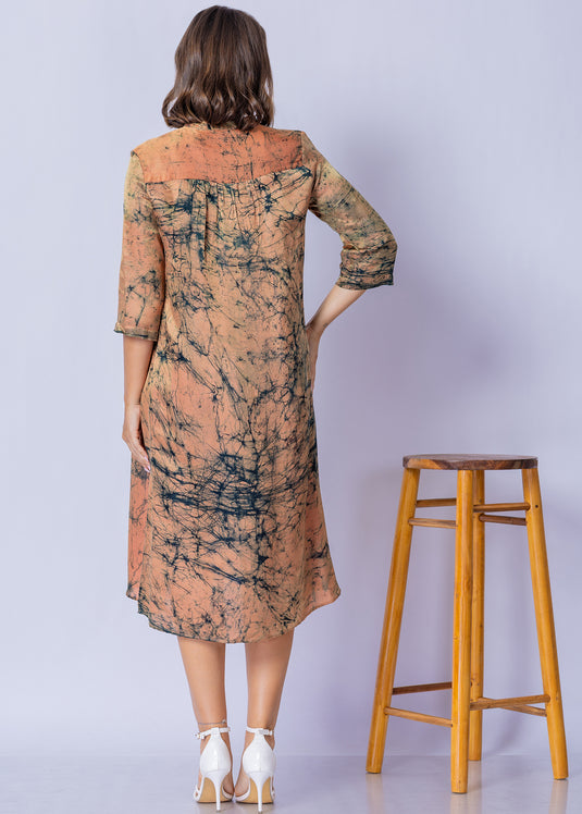 Tie - Front Keyhole V Neckline Batik Straight Dress