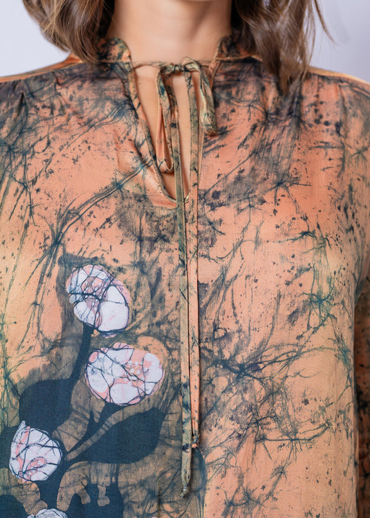 Tie - Front Keyhole V Neckline Batik Straight Dress