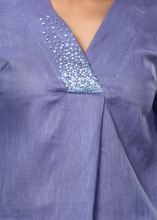 Hand Embroidered V Neck Linen Kurtha Top