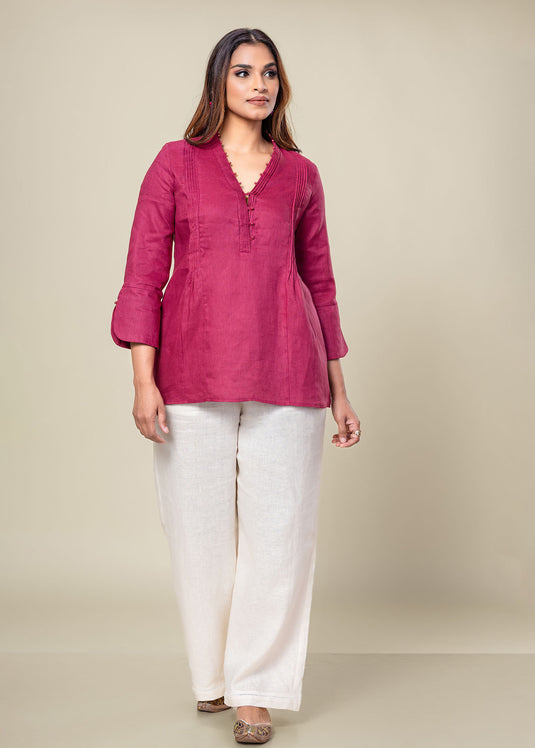 Linen Blouse With Pintuck And Bead Detailing