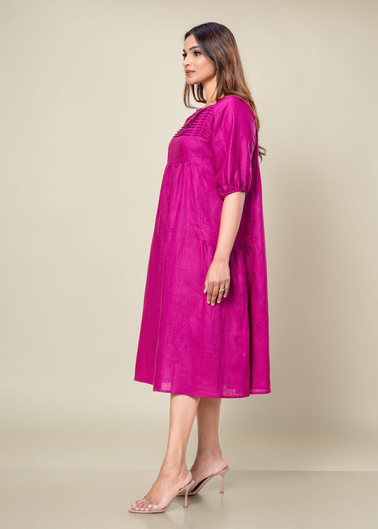 Pintuck Detailed Linen Dress With Side Panels