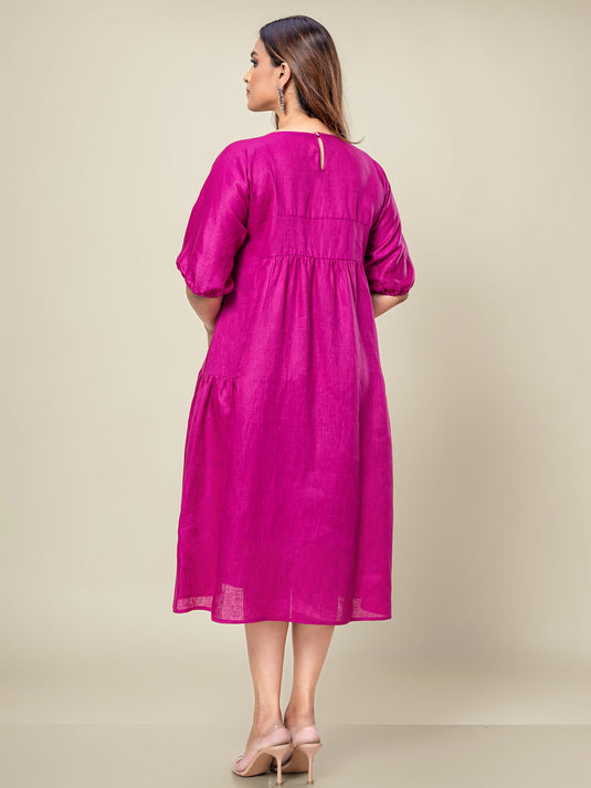 Pintuck Detailed Linen Dress With Side Panels