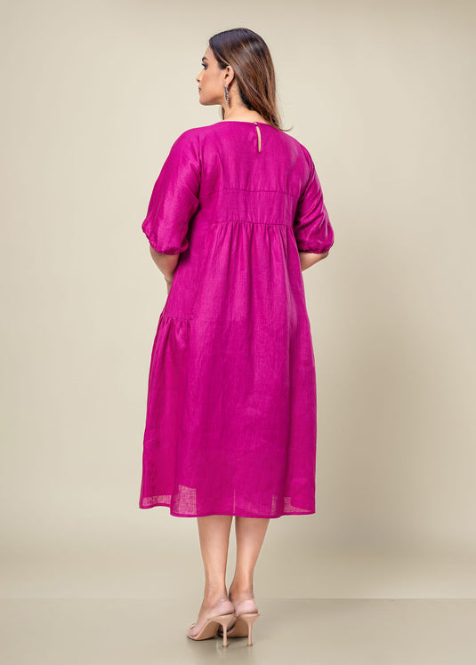 Pintuck Detailed Linen Dress With Side Panels