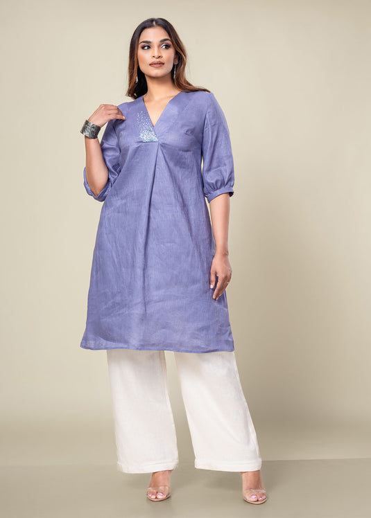 Hand Embroidered V Neck Linen Kurtha Top