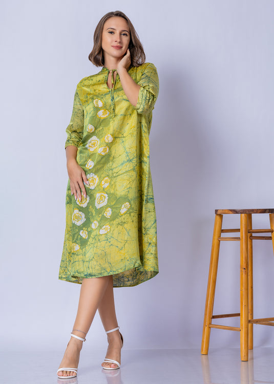 Tie - Front Keyhole V Neckline Batik Straight Dress