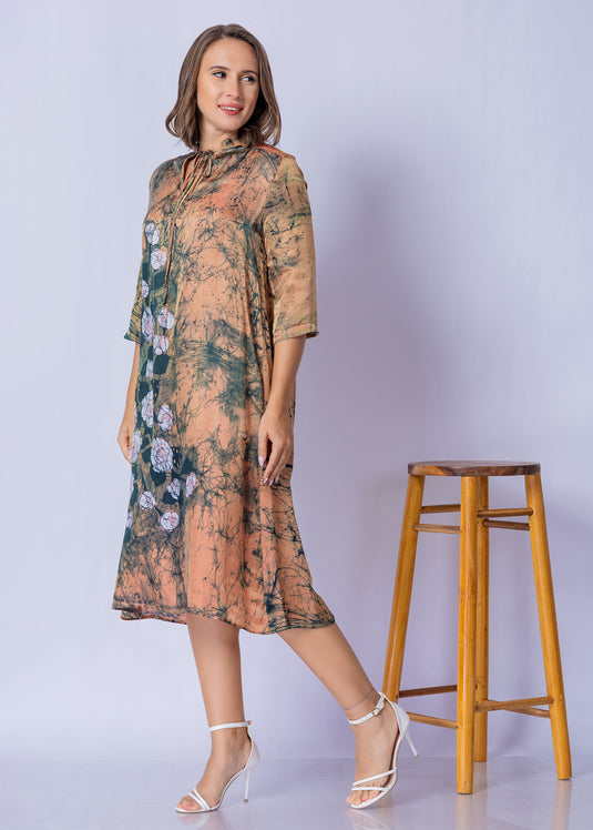 Tie - Front Keyhole V Neckline Batik Straight Dress