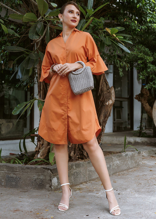 Basic shirt dress with flounce sleeve