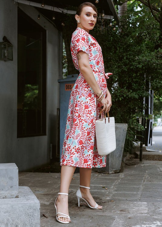 Printed cotton shirt dress with top stitch detail on cuff