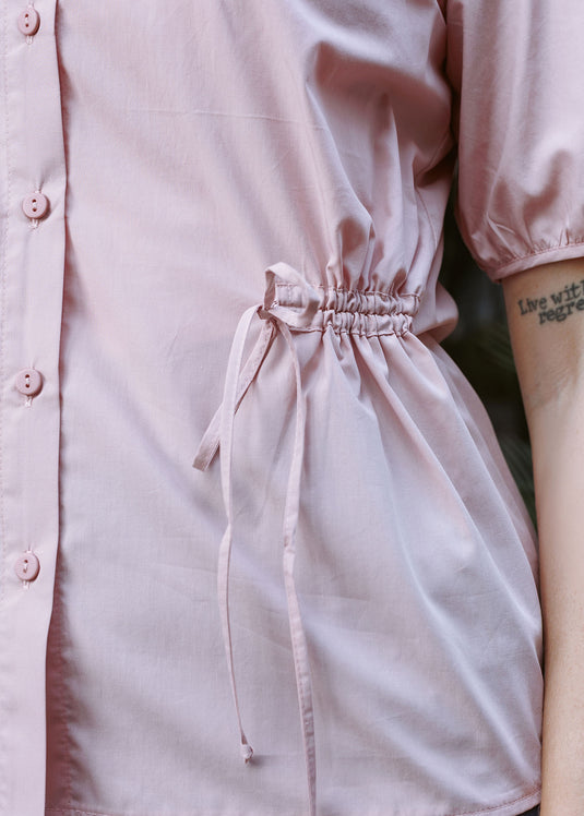 Puff sleeve button down blouse with side draw cord