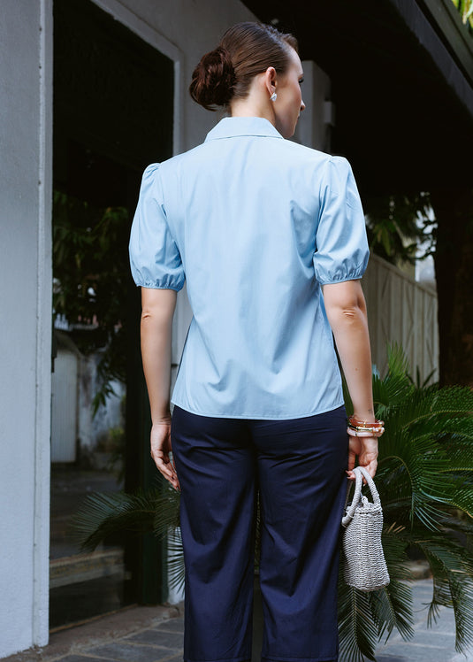 Puff sleeve button down blouse with side draw cord