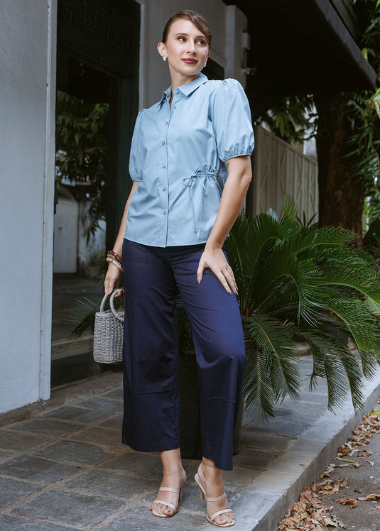 Puff sleeve button down blouse with side draw cord