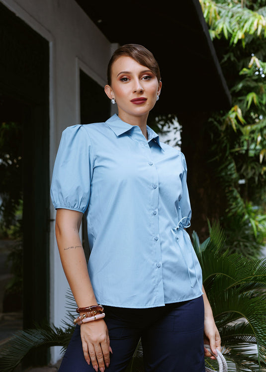 Puff sleeve button down blouse with side draw cord