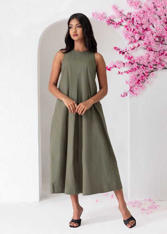 Sleeveless Midi Dress With Front Pleat