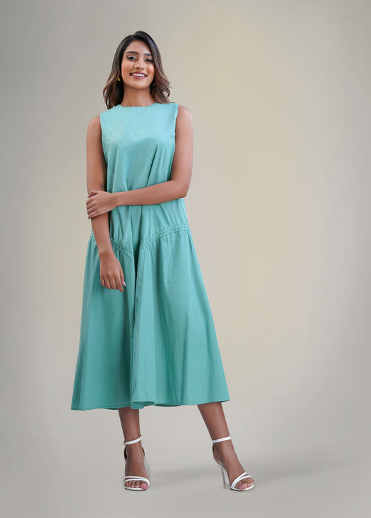 Sleeveless trapeze dress with ruching detail