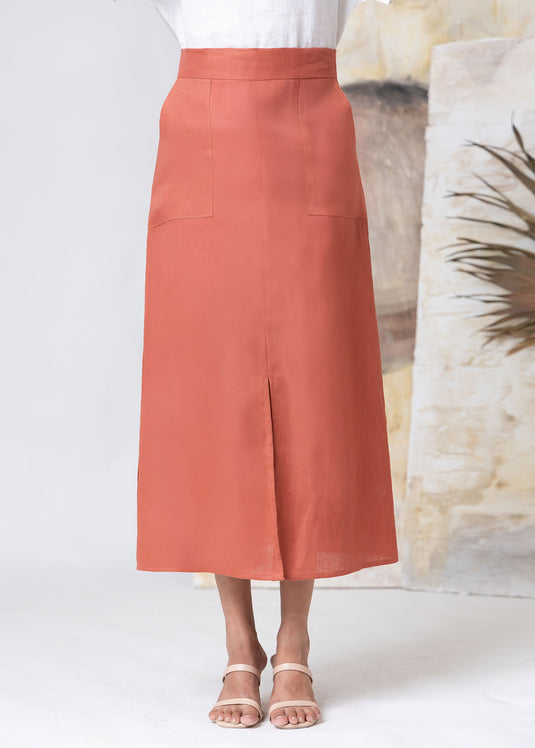 Linen Midi Length Skirt With Front Pockets & Slit