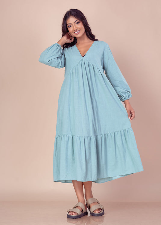 Long sleeve V neck midi dress