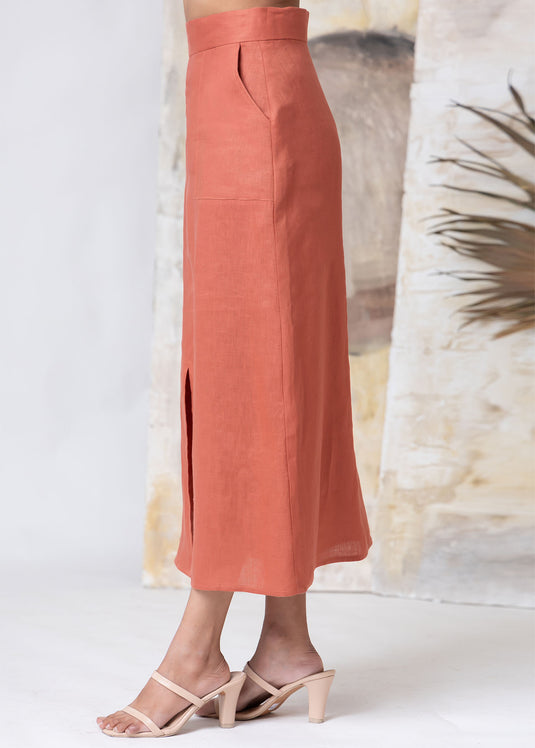 Linen Midi Length Skirt With Front Pockets & Slit