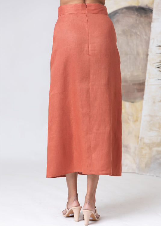 Linen Midi Length Skirt With Front Pockets & Slit