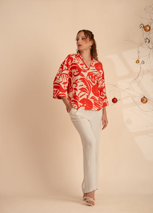 Printed Basic Blouse With Collar