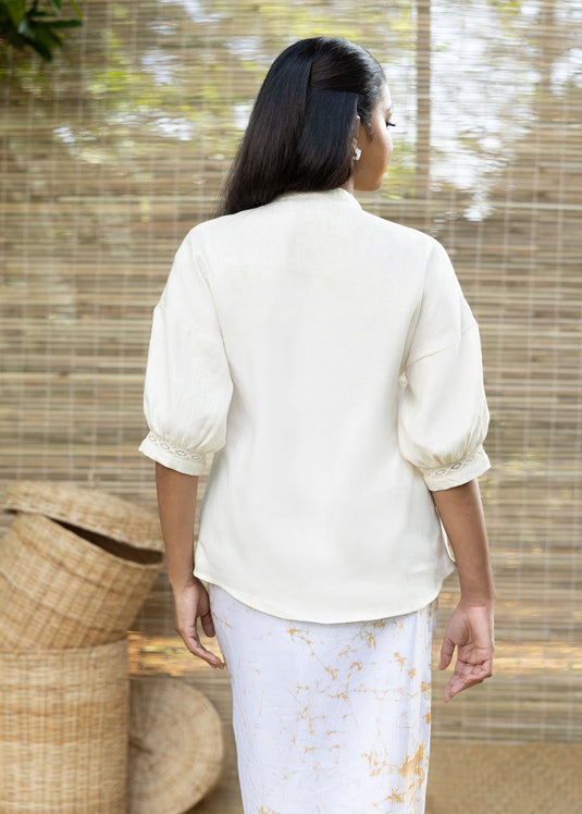 Linen Puff Sleeve Blouse With Crochet Lace Detail