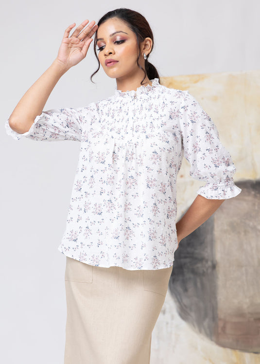 Printed Cotton Blouse With Smocking Detail